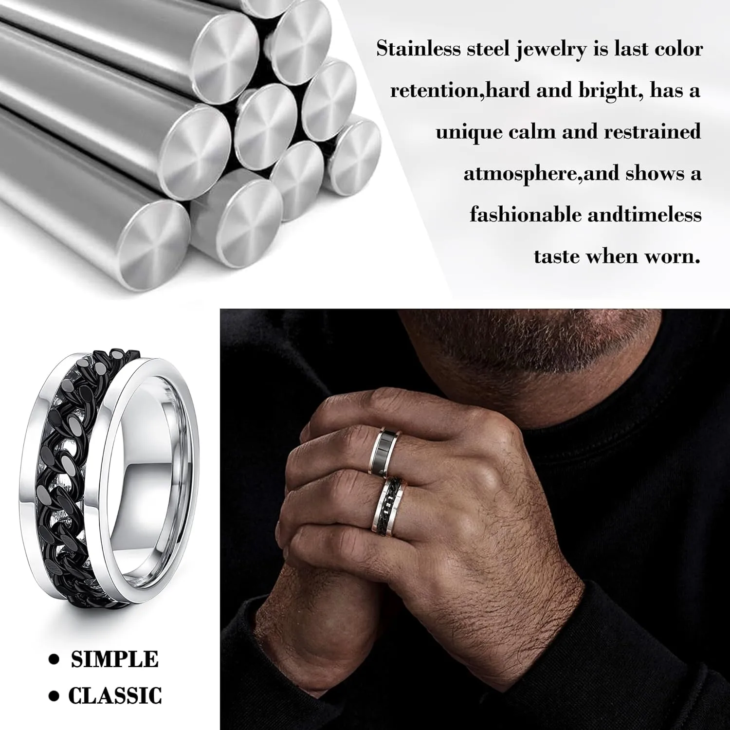 Besteel 16Pcs Stainless Steel Fidget Rings for Men Women Stress Anxiety Relief Rings Black Cool Chain Band Spinner Rings Set for Wedding Promise Mens Rings Pack