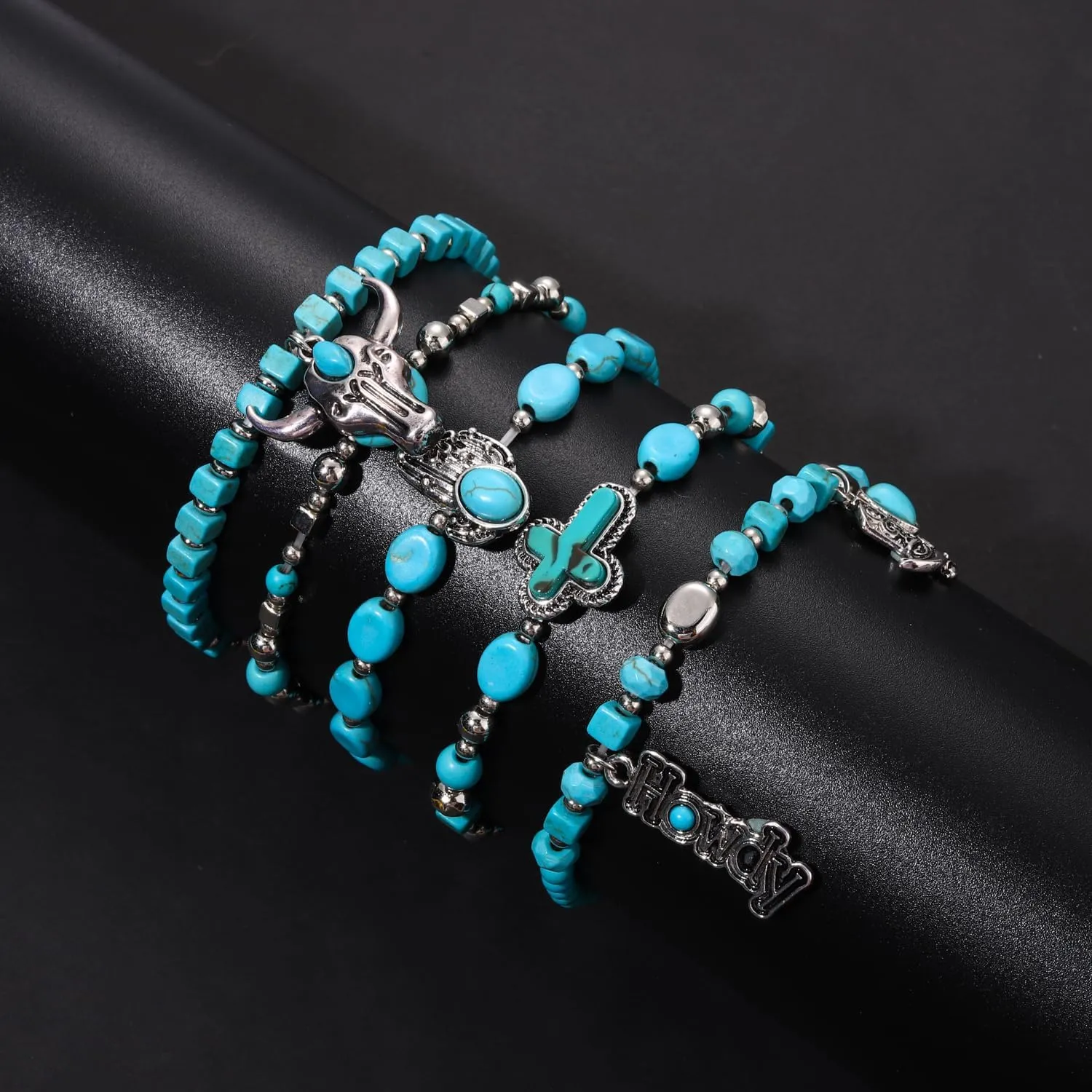 BVGA Western Cowgirl Turquoise Beaded Stretch Bracelets Preppy Heishi Bracelets Set Aztec Turquoise Bull Head Cow Cactus Flower Charm Bohemian Stackable Bracelets Y2K Summer Beach Layering Bracelets Jewelry for Women