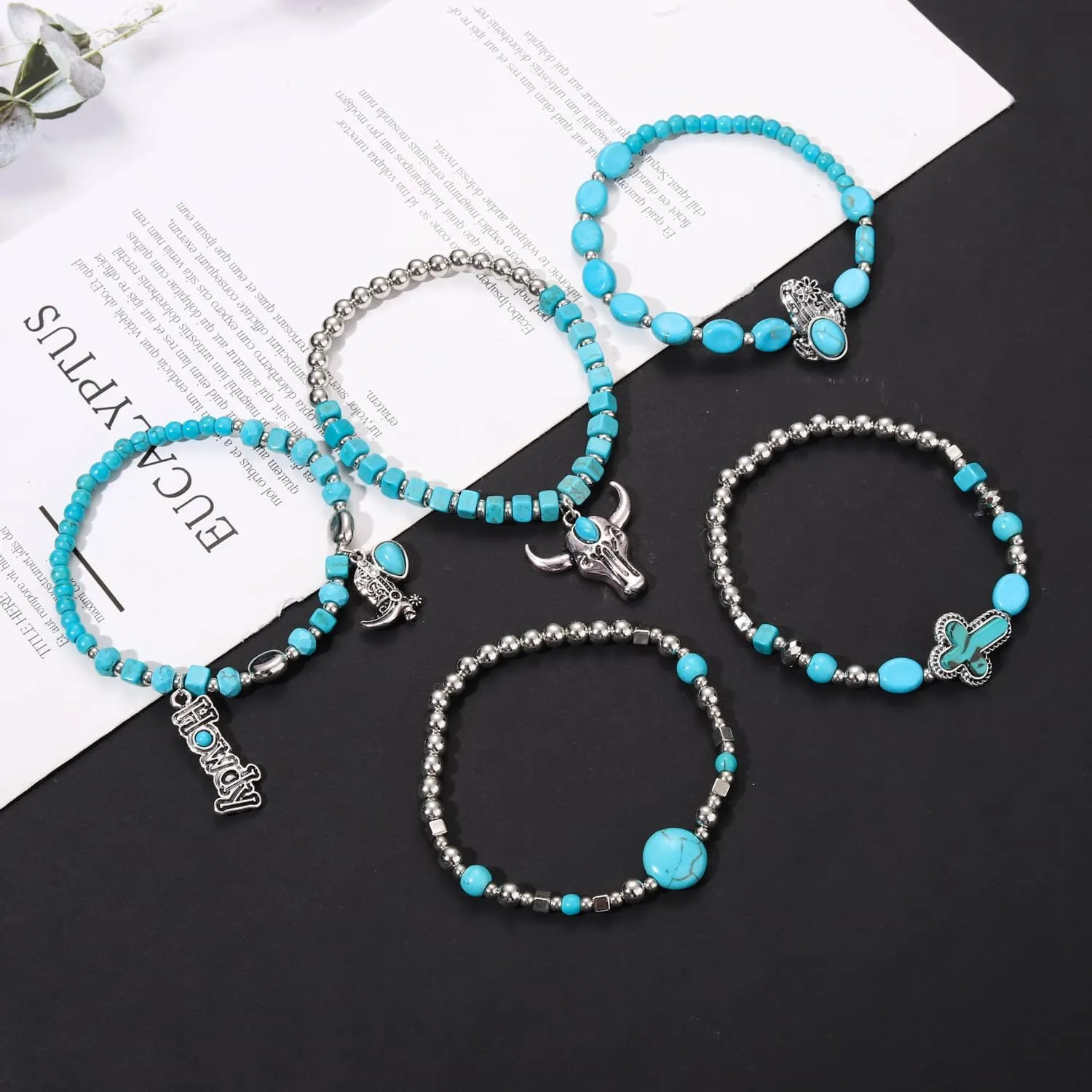 BVGA Western Cowgirl Turquoise Beaded Stretch Bracelets Preppy Heishi Bracelets Set Aztec Turquoise Bull Head Cow Cactus Flower Charm Bohemian Stackable Bracelets Y2K Summer Beach Layering Bracelets Jewelry for Women