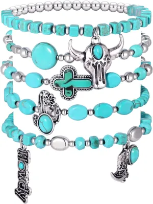 BVGA Western Cowgirl Turquoise Beaded Stretch Bracelets Preppy Heishi Bracelets Set Aztec Turquoise Bull Head Cow Cactus Flower Charm Bohemian Stackable Bracelets Y2K Summer Beach Layering Bracelets Jewelry for Women