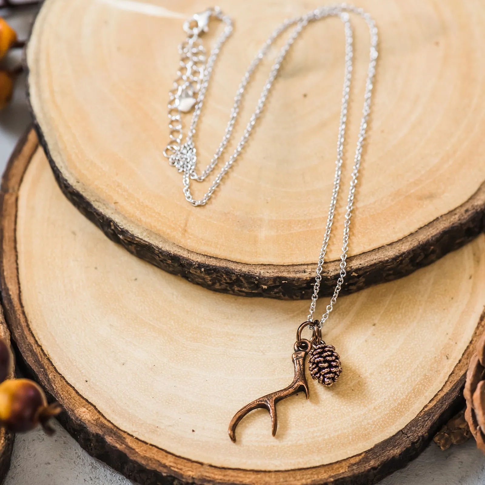 Copper Antler & Pinecone Necklace ~ Silver Chain