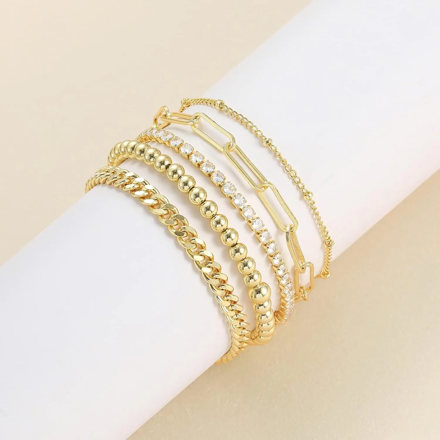 DEARMAY Gold Bracelets - Real 14K Women's Cute Tennis Cubic Beaded Link Paperclip Dainty Bracelet Pack