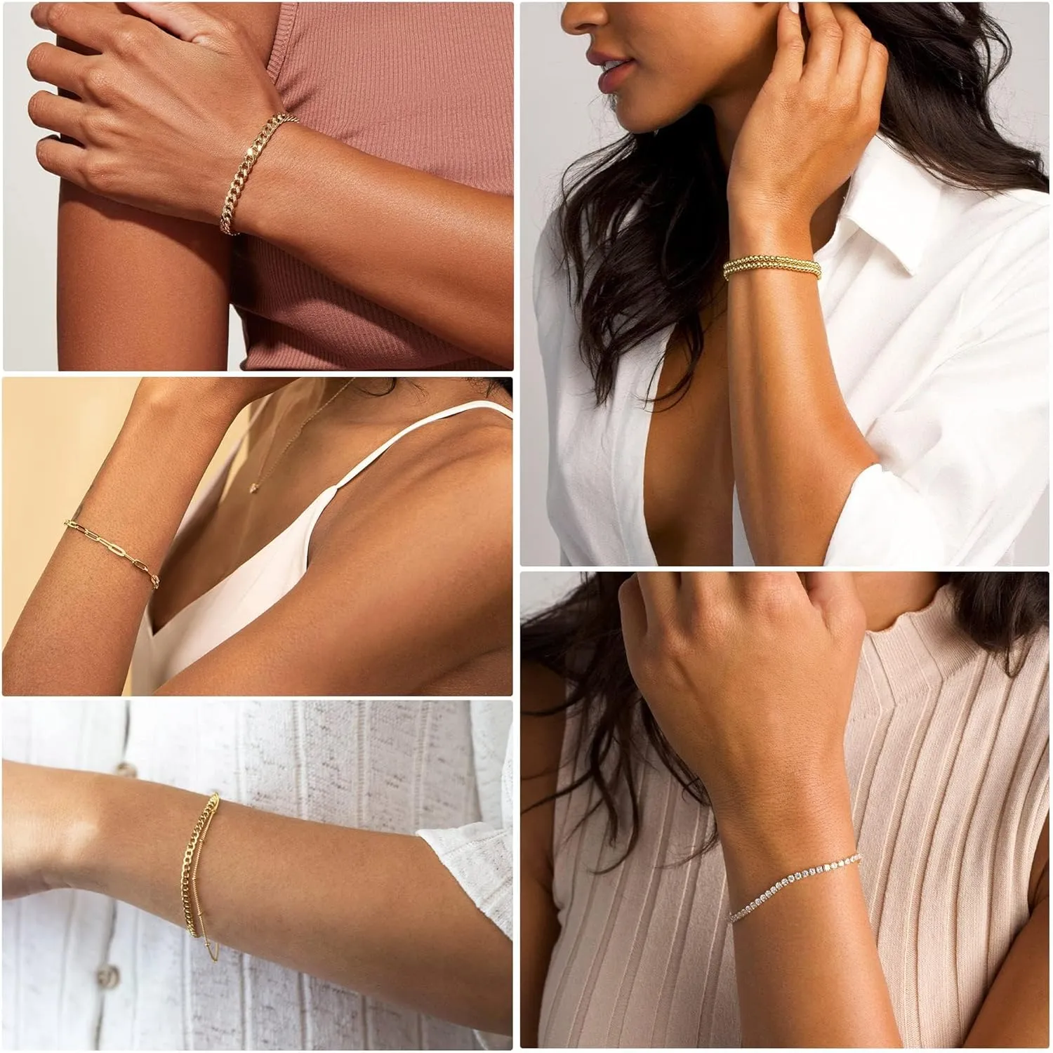DEARMAY Gold Bracelets - Real 14K Women's Cute Tennis Cubic Beaded Link Paperclip Dainty Bracelet Pack