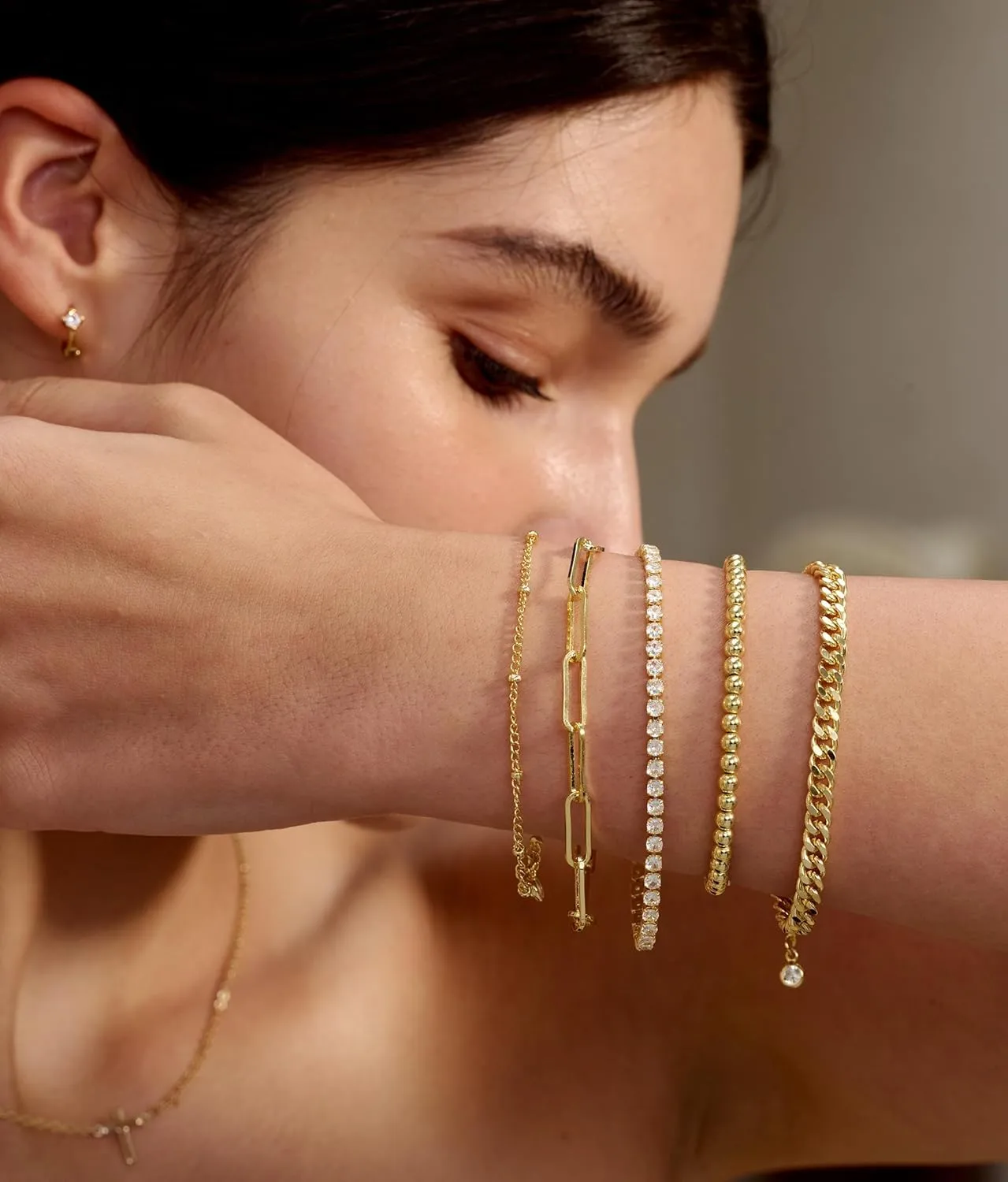 DEARMAY Gold Bracelets - Real 14K Women's Cute Tennis Cubic Beaded Link Paperclip Dainty Bracelet Pack