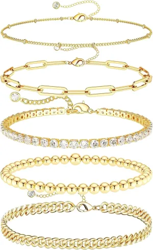 DEARMAY Gold Bracelets - Real 14K Women's Cute Tennis Cubic Beaded Link Paperclip Dainty Bracelet Pack