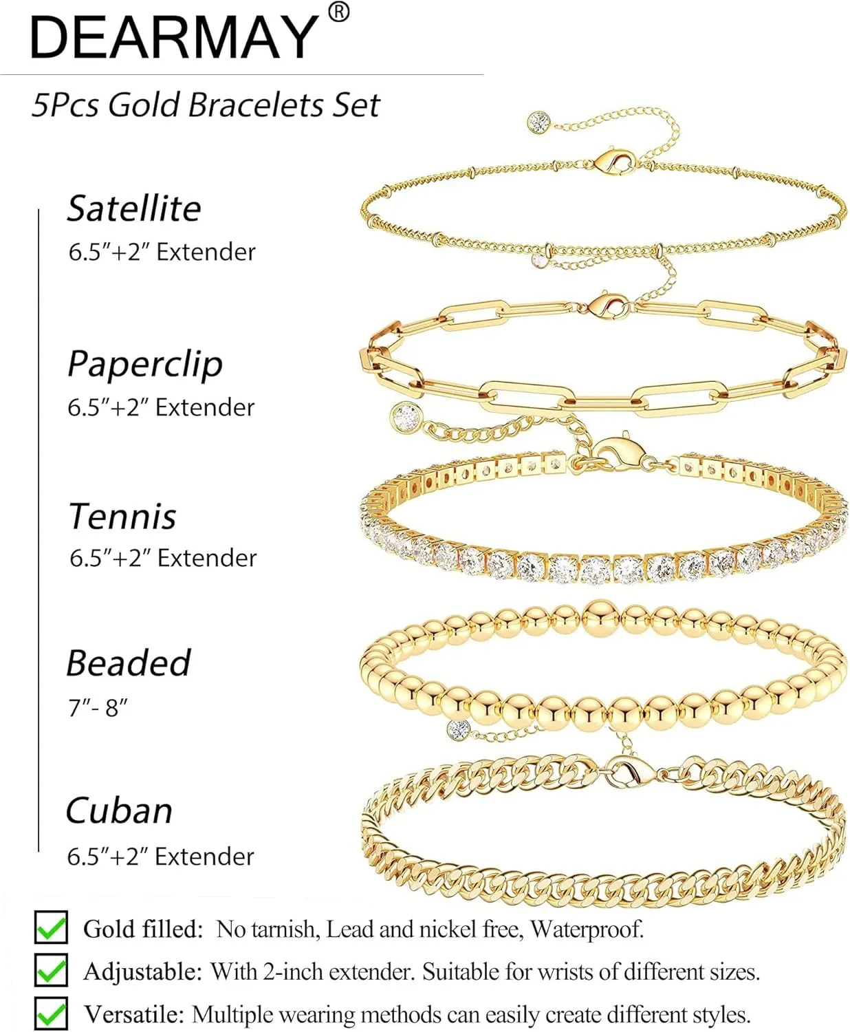 DEARMAY Gold Bracelets - Real 14K Women's Cute Tennis Cubic Beaded Link Paperclip Dainty Bracelet Pack