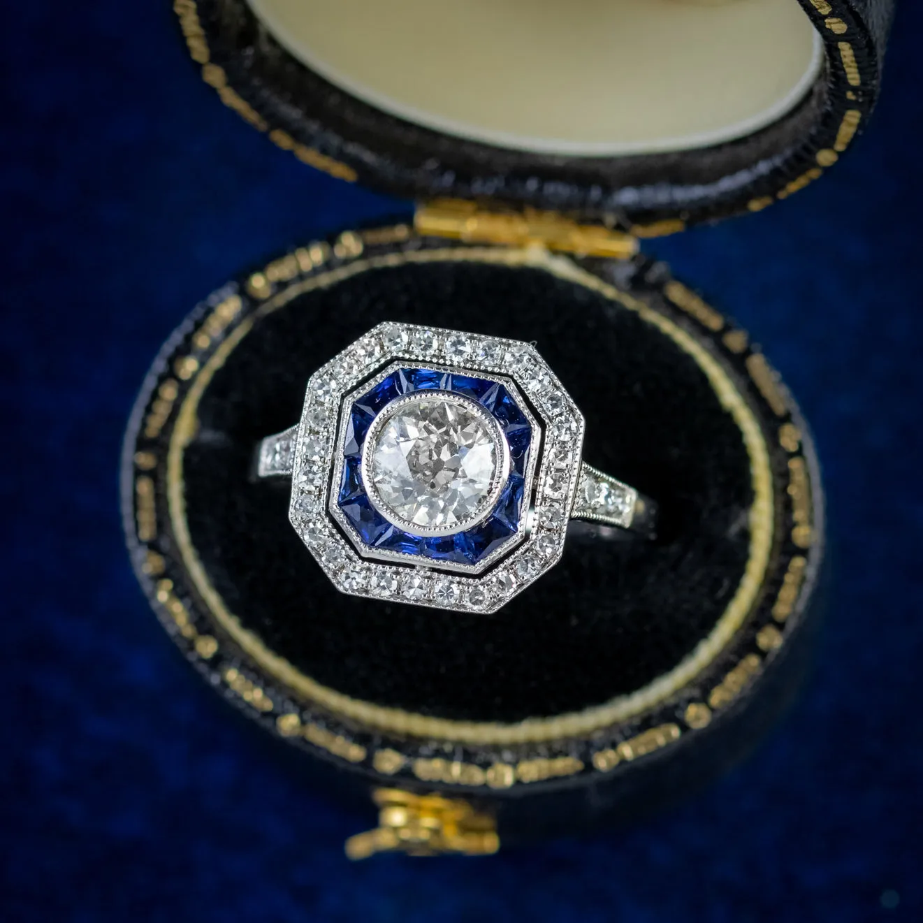 Diamond Sapphire Cluster Ring 18Ct White Gold 2Ct Diamond French Cut Sapphires
