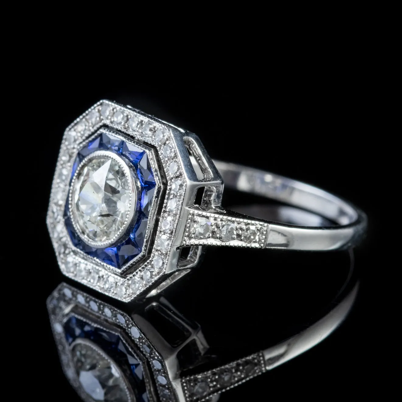 Diamond Sapphire Cluster Ring 18Ct White Gold 2Ct Diamond French Cut Sapphires