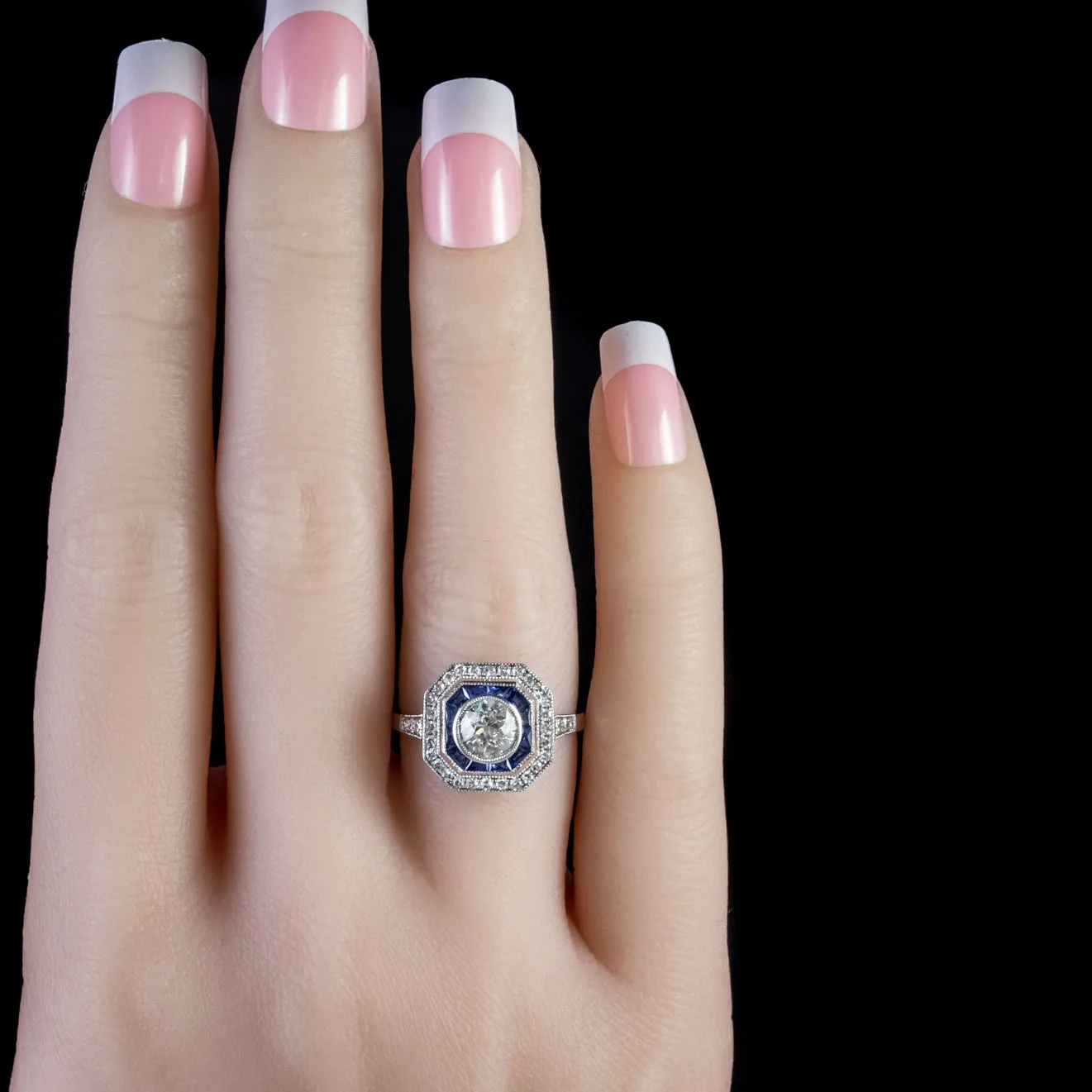 Diamond Sapphire Cluster Ring 18Ct White Gold 2Ct Diamond French Cut Sapphires