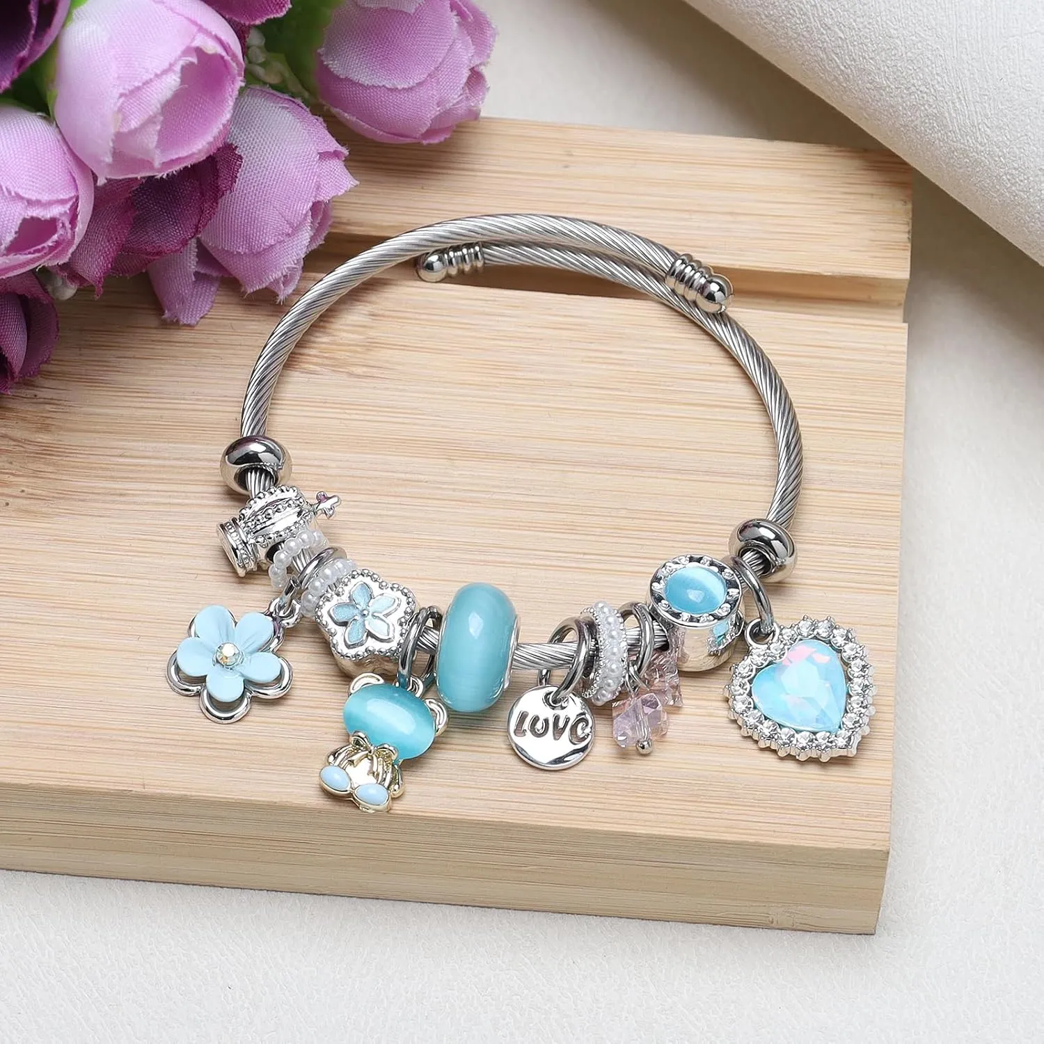 DS Charm Bracelets for girls,exquisite cute cartoon friendship bracelets Silver Stainless Steel Bangle with birthday Gift box, Adjustable girls jewelry Suitable for holiday gifts