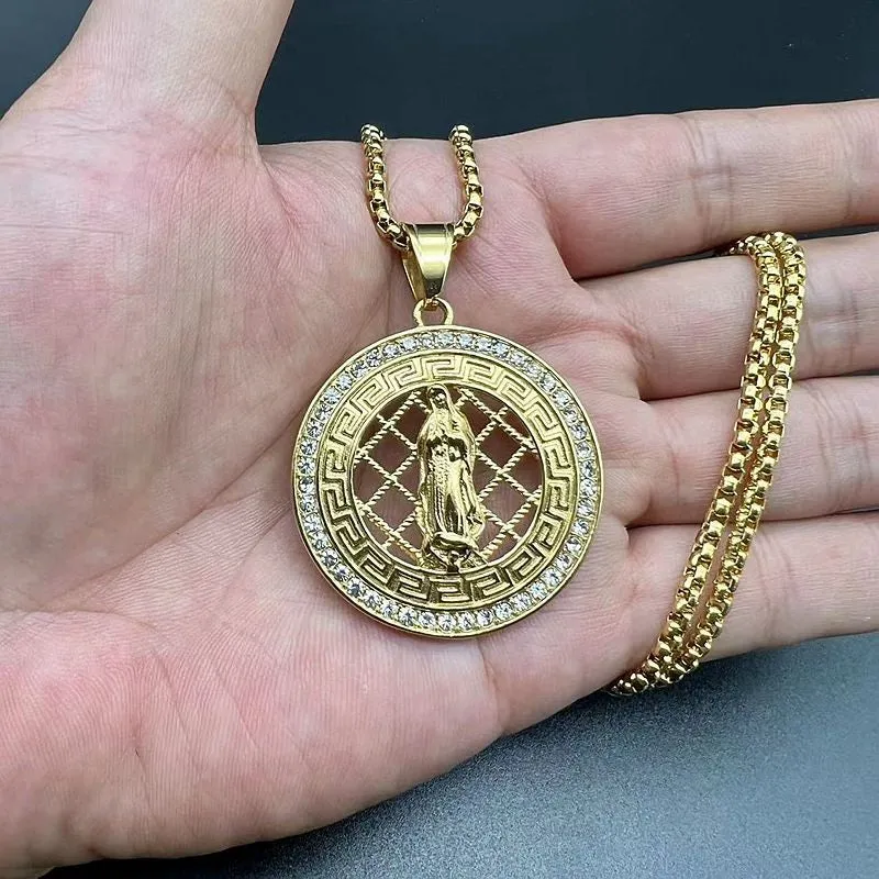 Hip Hop Titanium Steel Plated Zircon Virgin Mary Prayer Pendant