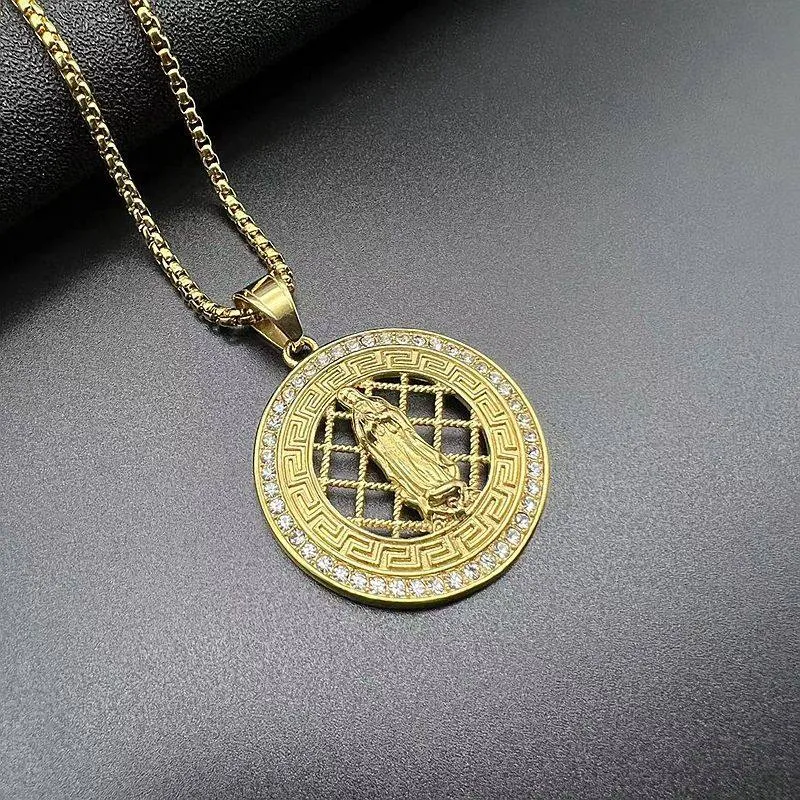 Hip Hop Titanium Steel Plated Zircon Virgin Mary Prayer Pendant