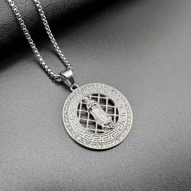 Hip Hop Titanium Steel Plated Zircon Virgin Mary Prayer Pendant