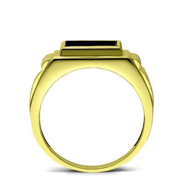 Men's Ring 18K Yellow Gold Plated Silver With Black Onyx and 2 Genuine Diamonds