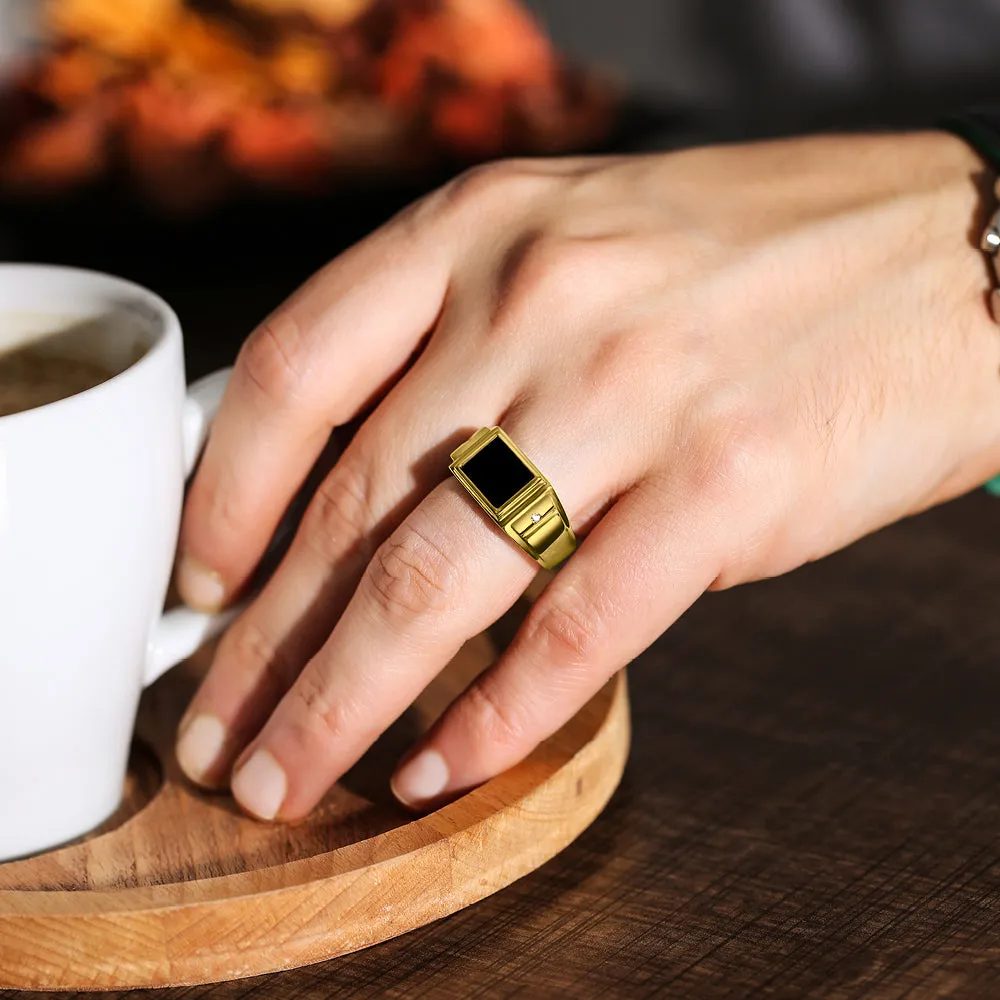 Men's Ring 18K Yellow Gold Plated Silver With Black Onyx and 2 Genuine Diamonds