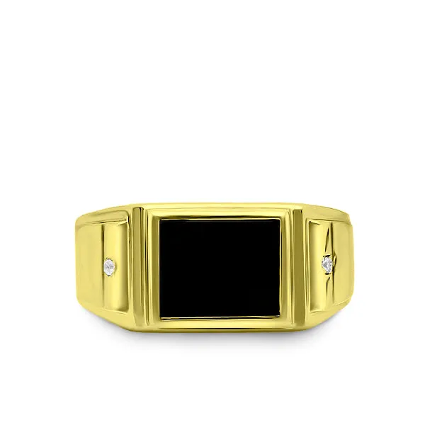 Men's Ring 18K Yellow Gold Plated Silver With Black Onyx and 2 Genuine Diamonds