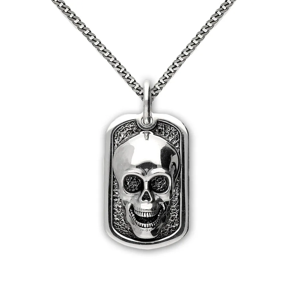 NEW: Skull Dog Tag Pendant Necklace, Oxidised Sterling Silver