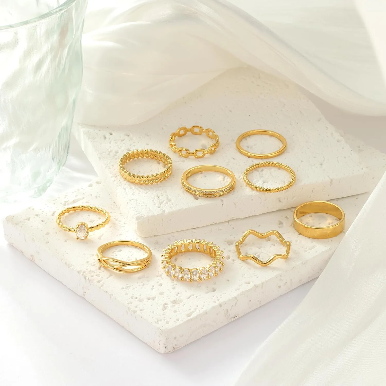 PLOMFOV Gold Plated Stackable Rings - Wedding Bands & Eternity Rings, Dainty 14K Gold Plated, Thin & Simple, Trendy Thumb Stacking Ring Pack (Size 12/11/10/9/8/7/6/5/4)