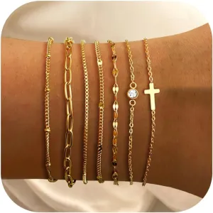 Sanfenly 7 PCS Gold Bracelets for Women Waterproof 14K Gold Plated Dainty Stackable Cuff Chain Bracelets Set Trendy Adjustable Thin Link JewelryGold/Silver