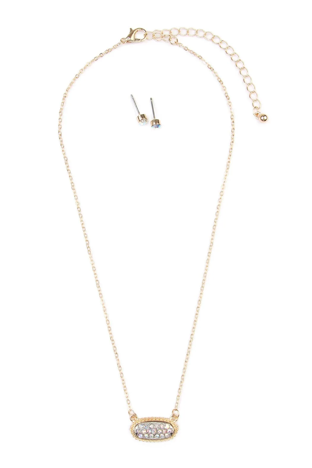 Short Length Druzy Rhinestone Oval Pendant Necklace & Stud Earring Set- Gold AB Stone
