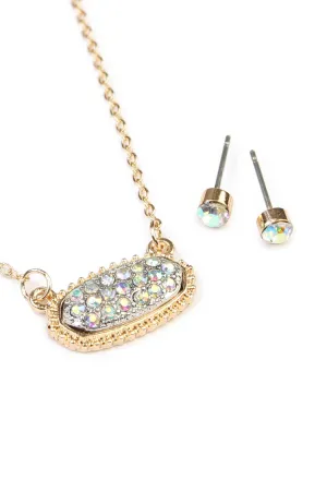 Short Length Druzy Rhinestone Oval Pendant Necklace & Stud Earring Set- Gold AB Stone