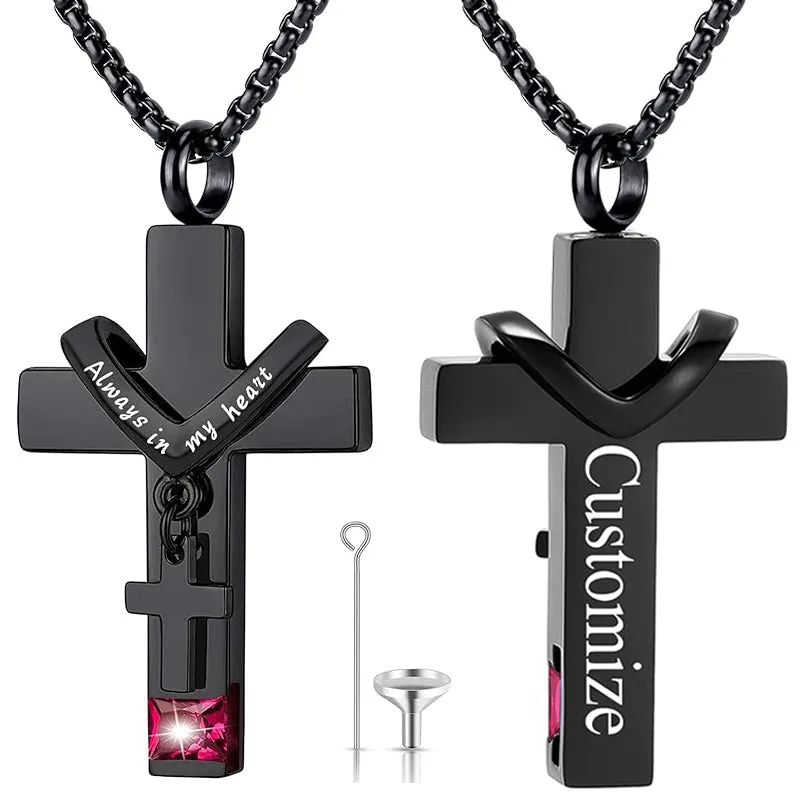 Stainless Steel Birthstones Urn Necklaces for Ashes Cross Cremation Pendant for Men Women Memorial Keepsake Jewelry